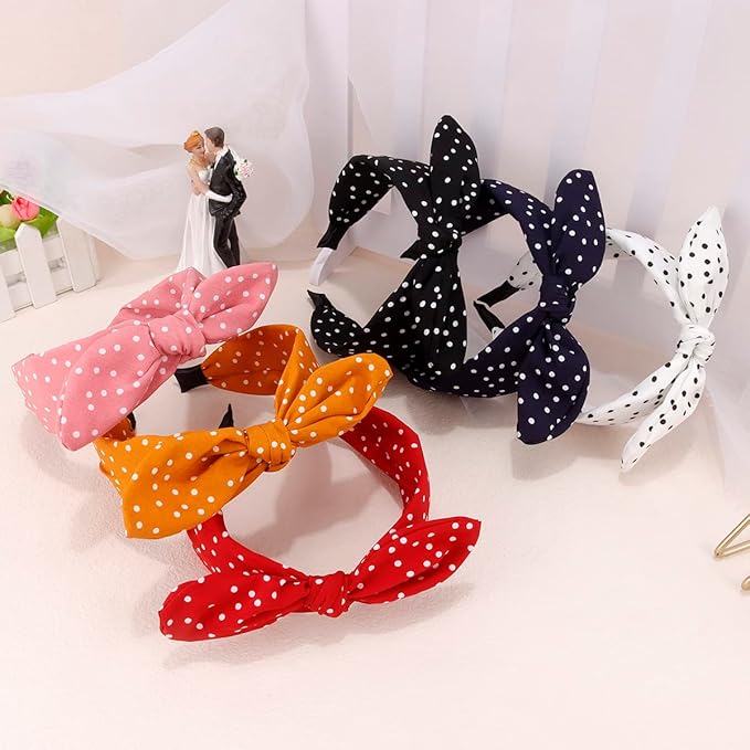 TOBATOBA 6Pack Polka Dot Bow Headbands - Cute Bunny Ears Top Knot, Vintage Hair Accessories for Women and Girls