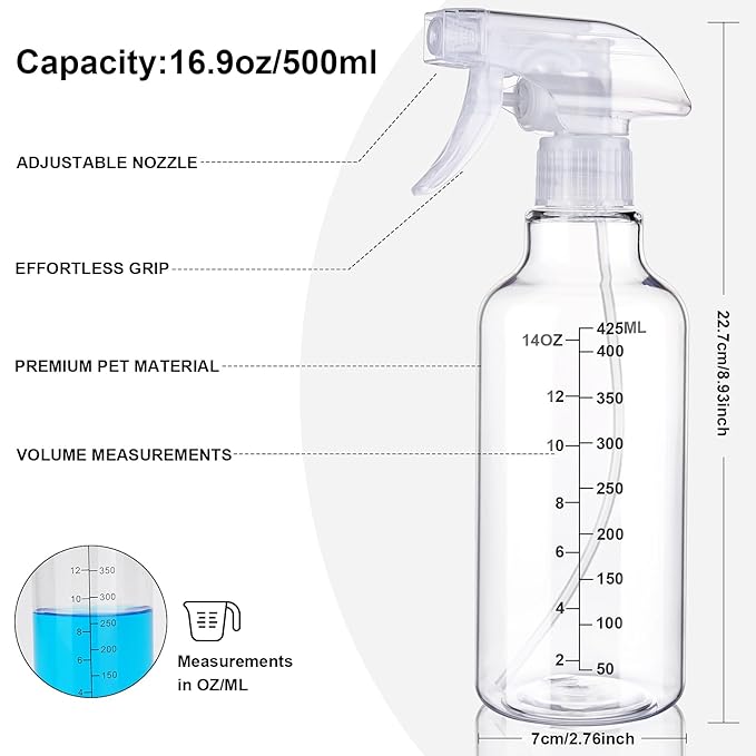Plastic Spray Bottle 16.9oz Empty Spray Bottles Refillable Container Trigger Sprayer for Cleaning Solutions, Water, Plants, Pet, Essential Oils, Hair, 2 Pack (Clear-scale)