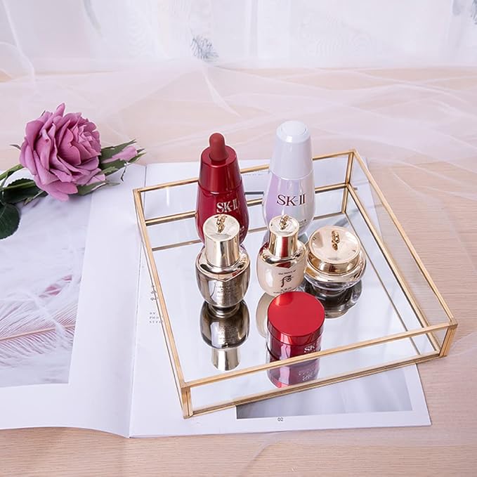 Sooyee Gold Rectangle Mirror Tray, Metal and Glass Decorative Tray Can Hold Perfume, Jewelry, Cosmetics, Makeup, Magazine and More for Vanity, Dresser, Bathroom, Bedroom (12"x8")