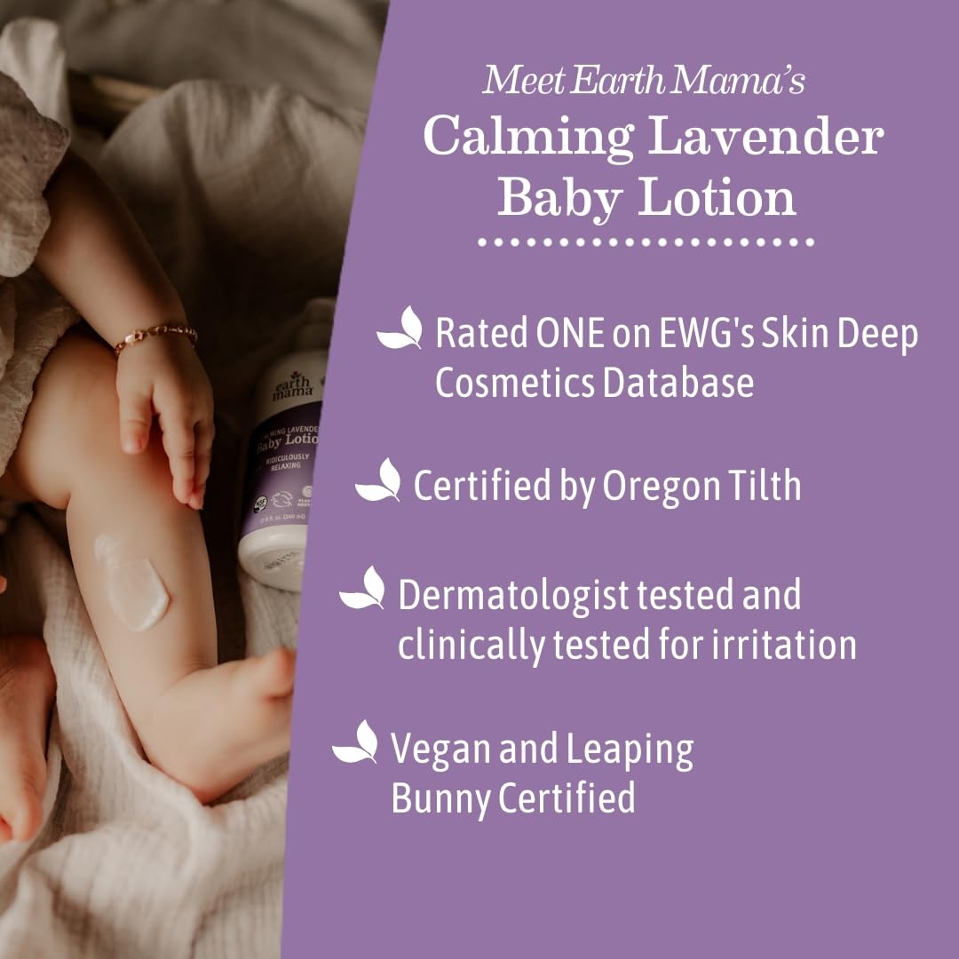 Earth Mama Calming Lavender Baby Lotion for Dry Skin, Calendula Cream for Newborn Skin Care, Children's Moisturizer, Aloe Juice, Rooibos, & Shea Butter, Lavender Lotion, 8 Fl Oz (2Pk)