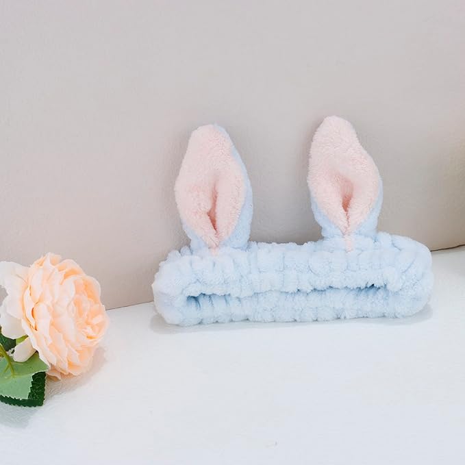 YISSION Cute Bunny Ear Spa Headband for Women and Girls - Soft Plush Makeup Headband for Face Washing, Skincare, Shower, Easter Party Favors (2 Pack, Pink & Blue)