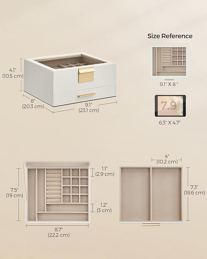 SONGMICS GISELLA Collection - Jewelry Box Organizer, 2-Layer Jewelry Storage with 1 Drawer, Shiny Metal Hardware, Glass Lid, Modern, 8 x 9.1 x 4.1 Inches, Cloud White and Gold Color UJBC174W01
