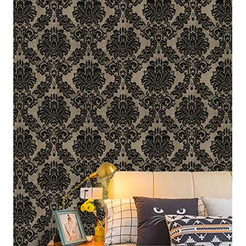 JLHOUSE Vinyl Victorian Damask Wallpaper Stick and Peel - self Adhesive Wallpaper Brown/Black Removable Paper for Bedroom Living Room Walls -17.7inch x 118inch/Roll