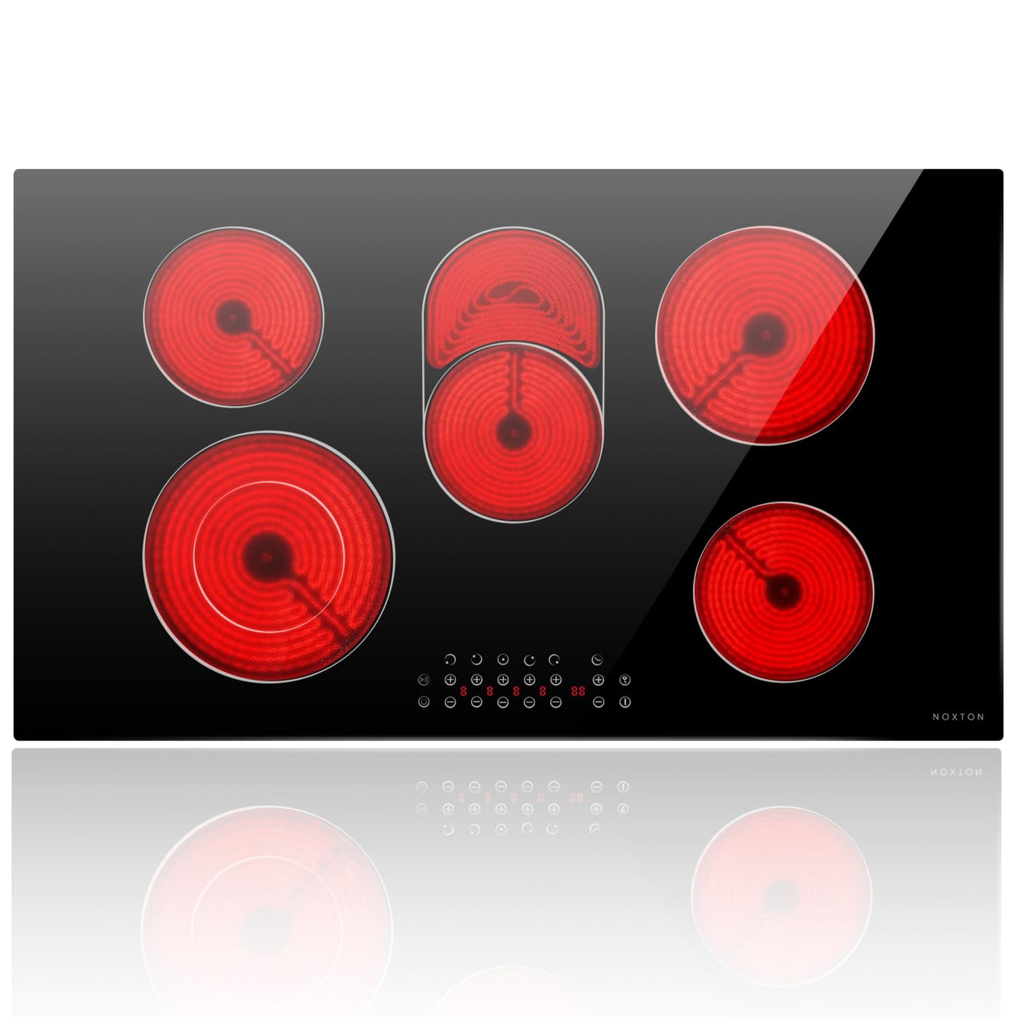 Noxton 36 Inch Electric Cooktop 5 Burner Electric Stove Top, Built-in Radiant Ceramic Cooktop with Extended Zone, Sensor Touch Control, Child Safety Lock, Timer, Pause, 8400W 240V Hard Wire