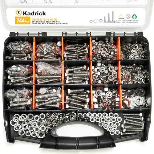 Kadrick 744Pcs 18-8(304) Stainless Steel Hex Bolts Assortment,1/4-20 5/16-18 3/8-16 Heavy Duty Bolts and Nuts Kit, Assorted SAE Bolts Nuts Flat&Lock Washers,Lenth Form 1/2''-2''