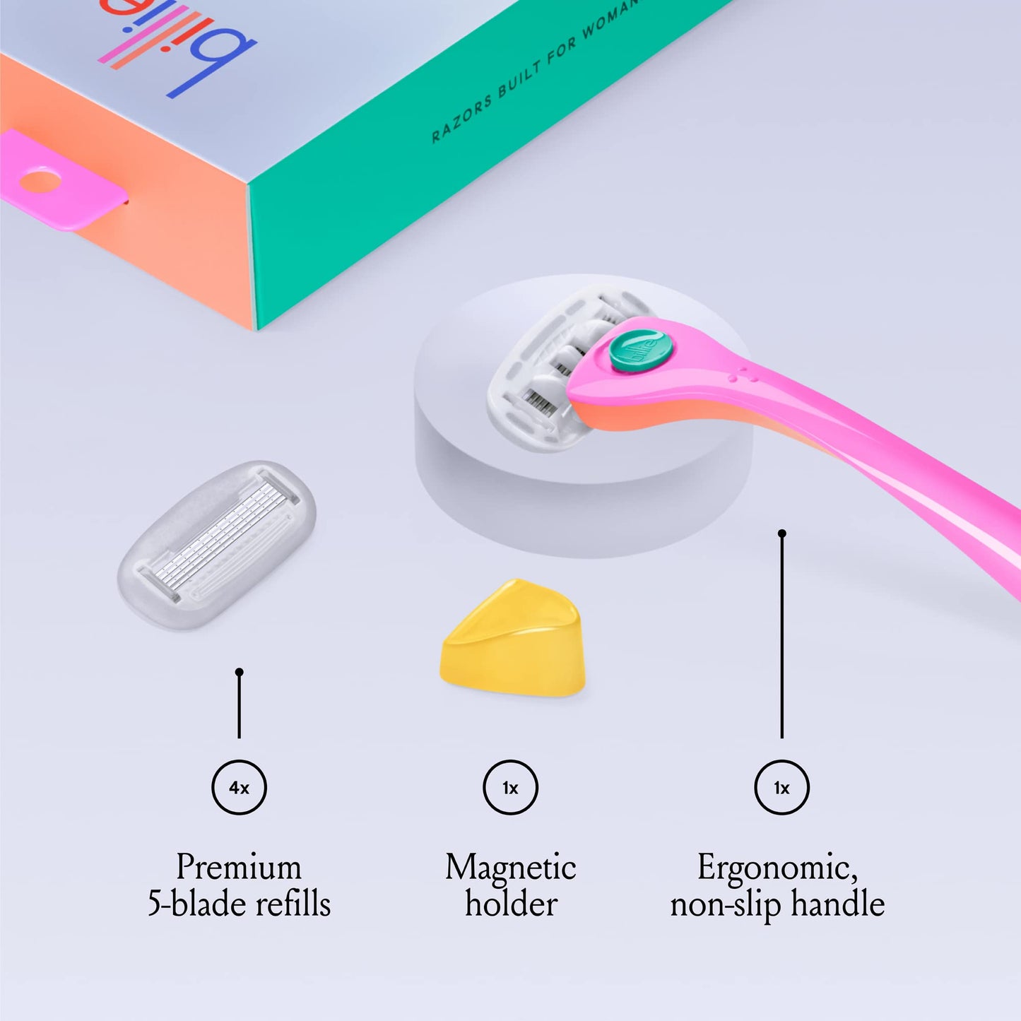 Billie Razors for Women Shave Kit – Women’s Razor + 4 x 5-Blade Razor Refills + Magnetic Holder – Malibu
