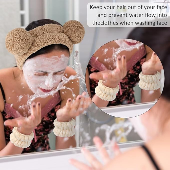 AHONEY Spa Bear Ears Headband, Face Wash Wristband Set, Cute Makeup Skincare Headbands Wrist Bands for Washing Face Elastic Fluffy Headband for Women Girls Cosmetic (Khaki)