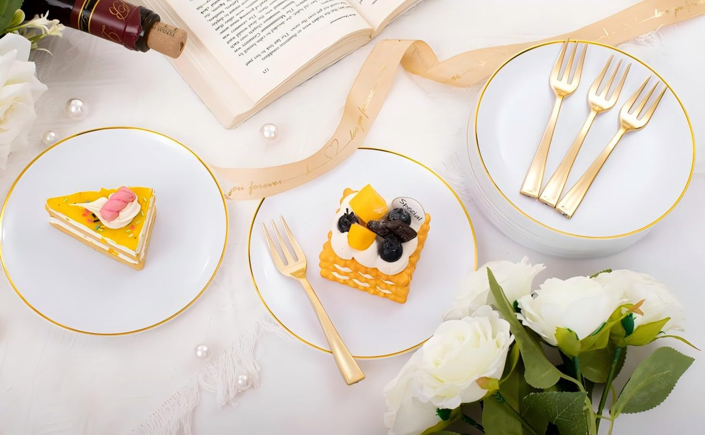 Festiva 200Pcs Gold Dessert Plates 6.3" with Forks 5"- Small Disposable Dessert/Cake/Appetizer Plates Plates- serve 100 guests include 100Plates 100Forks for Wedding Party&Thanksgiving&Christmas