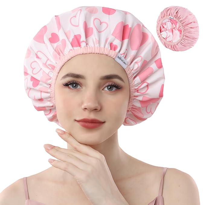 Years calm Shower Caps for Women Reusable Waterproof, Double Layer Waterproof Fabric - Both Sides Usable, Reversible Pattern & Solid Color Design, Soft Elastic Keeps Hair Dry for shower Spa Travel
