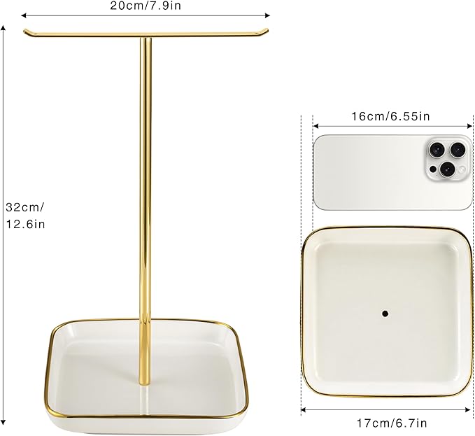 Jewelry Holder Stand with Ceramic Base: 12" Tall Necklace Organizer Rack, Tree Design Display Storage for Necklaces, Bracelets, Rings, Earrings, Aesthetic Room Décor for Girls and Women, Gold