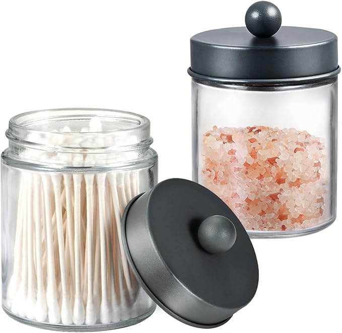 Amolliar 4 Pack Apothecary Jars Bathroom Vanity Storage Organizer Set -Countertop Canister with Stainless Steel Lids &Cute Stickers - Qtip Dispenser Holder for Qtips,Cotton Swabs,Makeup Sponges (Grey)