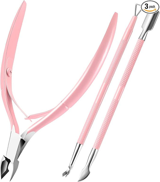 Cuticle Trimmer with Cuticle Pusher, XUNXMAS Cuticle Remover Cutter Nipper Scissor and Triangle Cuticle Nail Pusher Peeler Scraper, Durable Dead Skin Clipper Manicure Pedicure Tools (Pink)