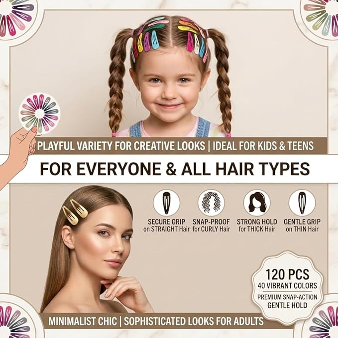 120 Pack Colorful Metal Snap Hair Clips, 2 Inch Barrettes in 40 Assorted Candy Colors, Non-Slip Hair Accessories for Kids Teens Women