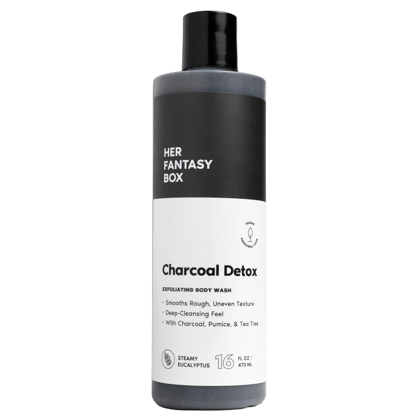 Her Fantasy Box | Charcoal Detox Exfoliating Body Wash â Activated Charcoal & Pumice Deep Cleanser with Tea Tree & Eucalyptus, Refreshing Exfoliation for Smoother Skin, Vegan & pH Balanced (16 oz)