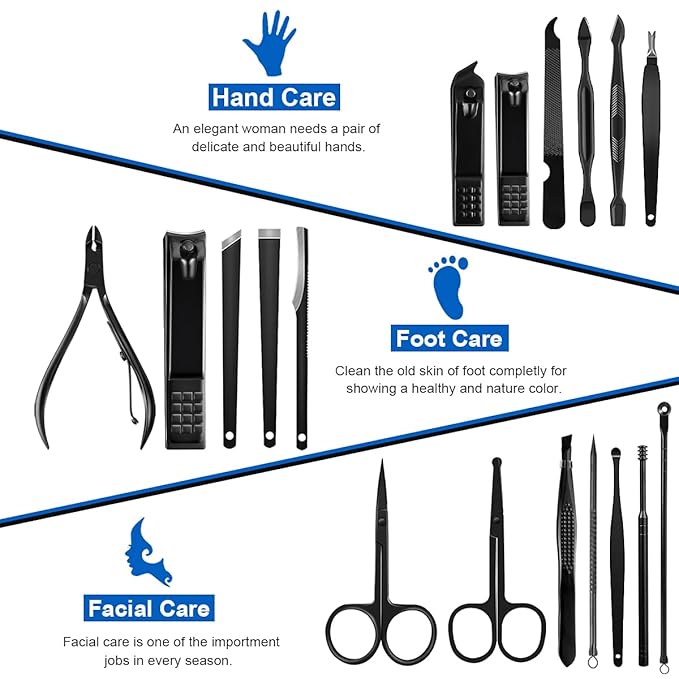 Professional Stainless Steel Nail Clipper Travel & Grooming Kit Nail Tools Manicure & Pedicure Set of 18pcs with Luxurious Case (Black/Blue)