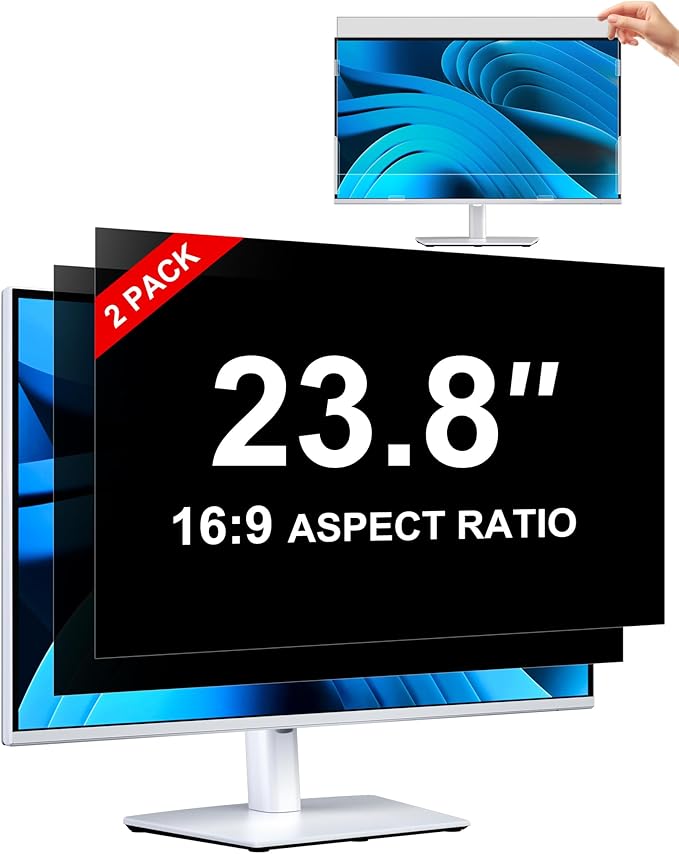 [2-Pack] Privacy Screen For Computer Monitor, 23.8-Inch 16:9 Aspect Ratio; Anti Spy/Bule Light/Glare And Eye Protection, 2 Install Ways Removable For Office, Airport, Cafe And Other Public Area; Diagonal 23.8 Inches, Width 20.74 Inches, Height 11.67 In...