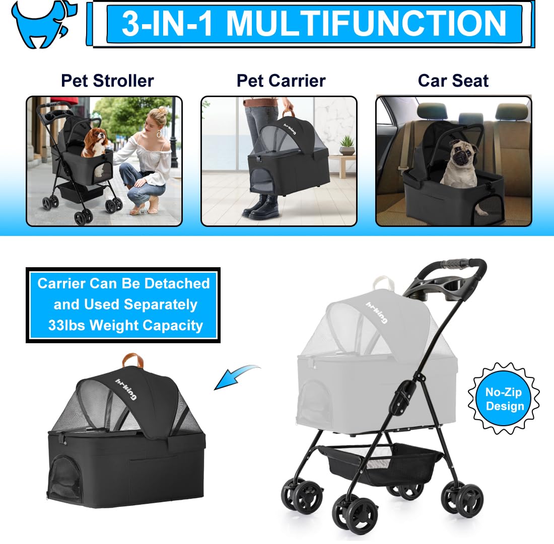 LPOTIUS 3-in-1 Pet Stroller for Small Dogs and Cats, Folding Lightweight Dog Stroller with Detachable Carrier Portable Cat Puppy Jogging Stroller with Cup Holder and Storage Basket, 4 Wheels