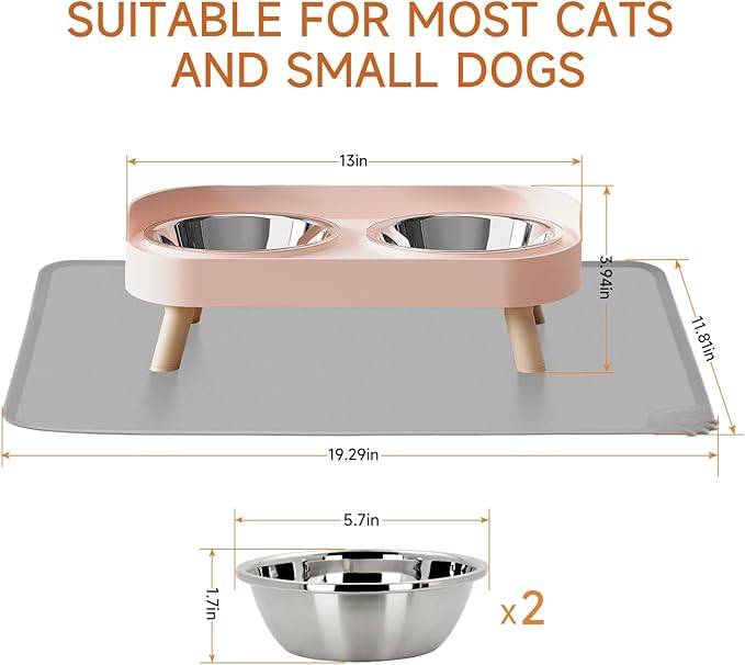 Elevated Cat Bowl with Food Mat, Raised Cat Food and Water Bowl Set for Indoor Cats, Splash Proof with 2 Stainless Steel Pet Food Bowls for Cats and Puppies,Whisker Fatigue and Dishwasher Safe (Pink)