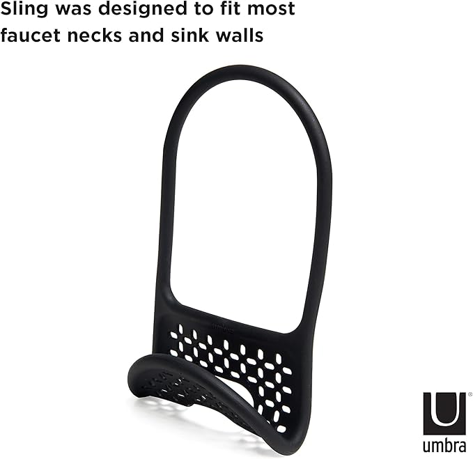 Umbra Sling Kitchen Sink Caddy Sponge Holder, Hangs Over Faucet or Divider, Single, Black