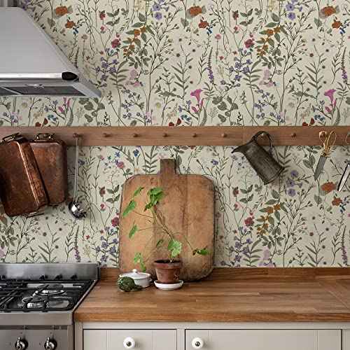 JiffDiff Floral Wallpaper Peel and Stick- 118" x 17.3" Farm Floral Wall Paper Wildwood Daisy Self Adhesive Stick On Wallpaper Removable Contact Paper (Mustard)