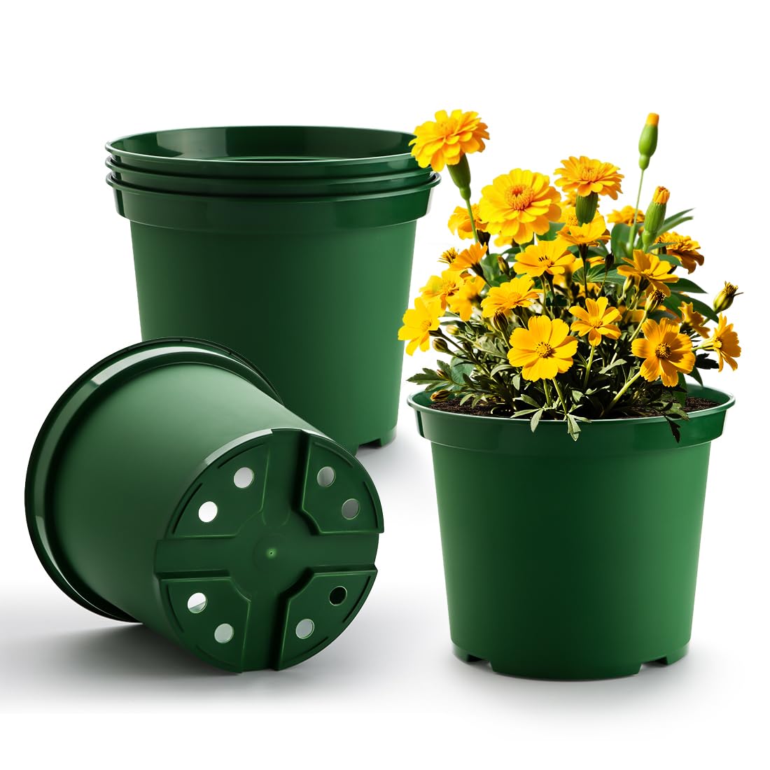 5 Gallon 12 Inch Plastic Nursery Pots, Plant Containers with Drainage Holes, Round Sturdy Garden Planters for Indoor/Outdoor Greenery, Gardening Gifts for Women (5-Pack, Green)