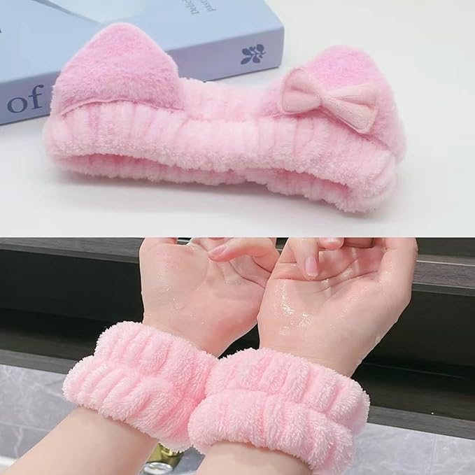 Cute Spa Headband and Wristband Set for Women Kawaii Ear Pink Makeup Headband for Washing Face (3PCS, Pink)