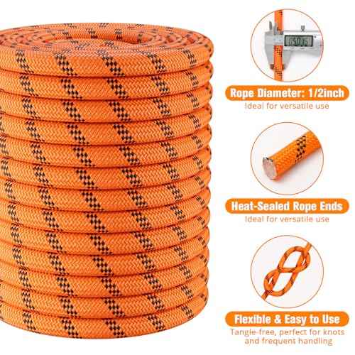 Double Braided Arborist Rigging Rope - 1/2 in X 150 ft 48 Strands Outdoor Pulling Heavy Duty Polyester Bull Rope for Swing Tree Work Camping Rescue Hiking Logging - Orange