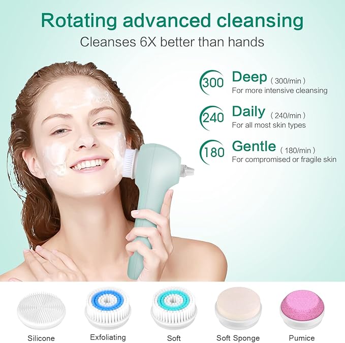 UMICKOO Face Scrubber Exfoliator,Facial Cleansing Brush Waterproof with LCD Screen,Blackhead Remover Vacuum with 5 Brush Heads,Face Spin Brush for Exfoliating (Green)