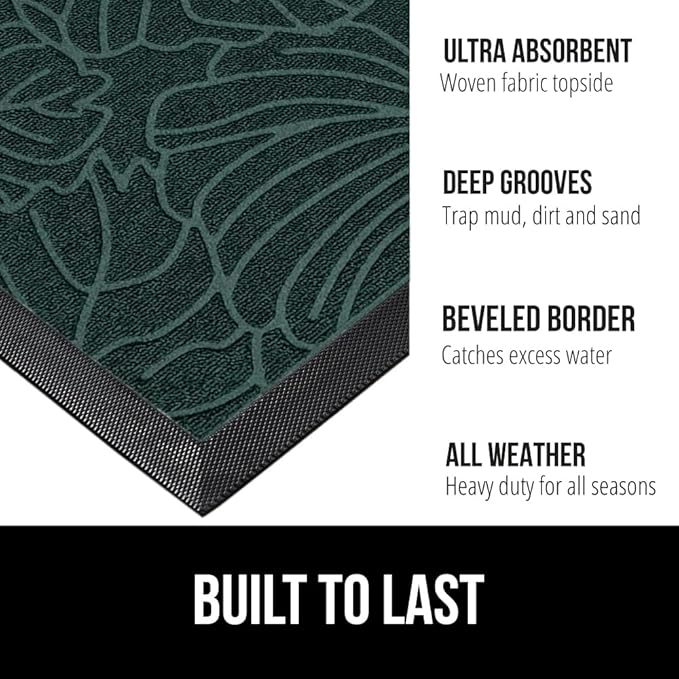 GORILLA GRIP 100% Waterproof All-Season WeatherMAX Doormat 35x23, US Designed Natural Rubber, Stain and Fade Resistant, Low Profile Indoor Outdoor Door Mats, Easy Clean Patio Mat, Green Palm