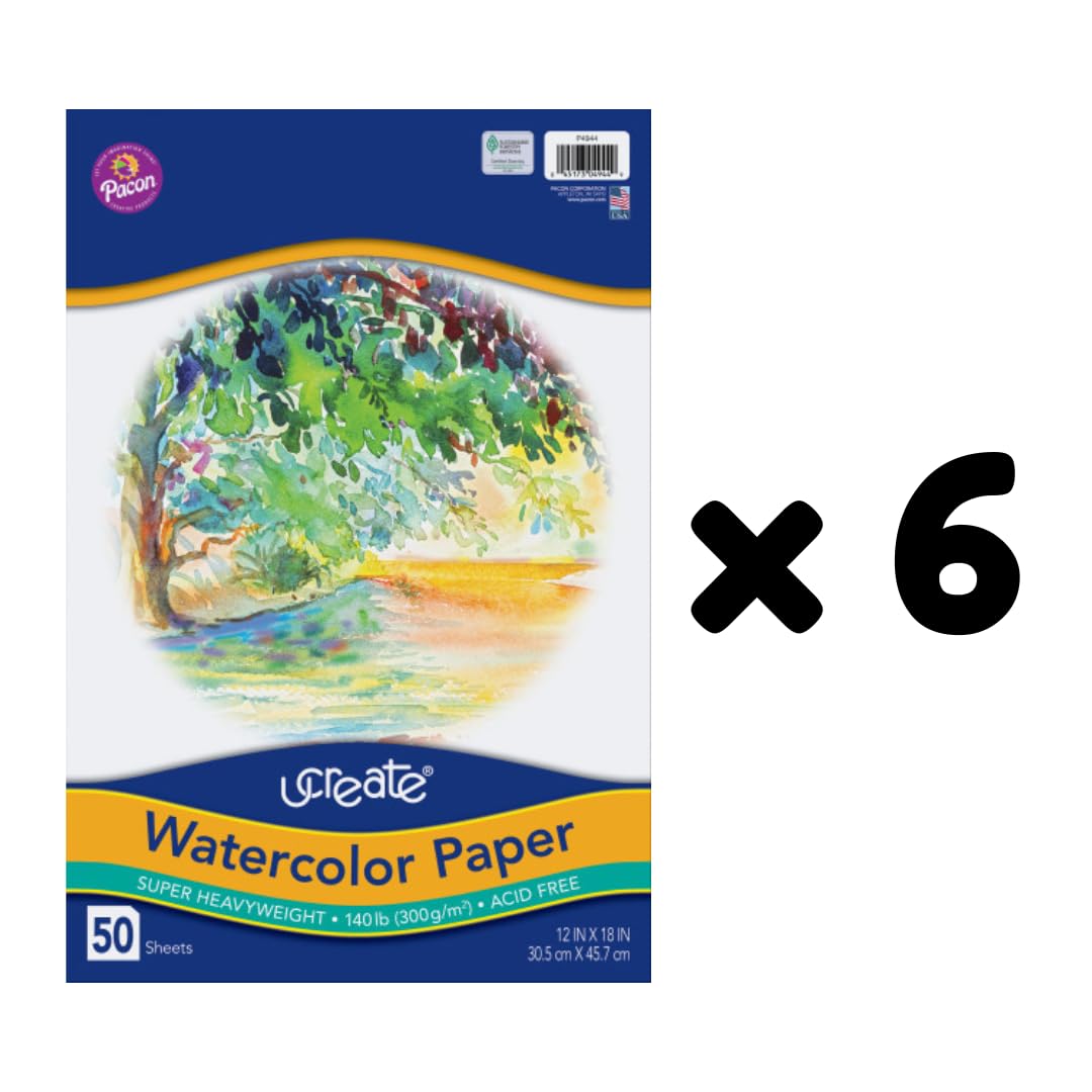 UCREATE Super Heavyweight Watercolor Paper, White, 140 lb., 12" x 18", 50 Sheets/Pack, Case of 6 Packs, 300 Sheets Total