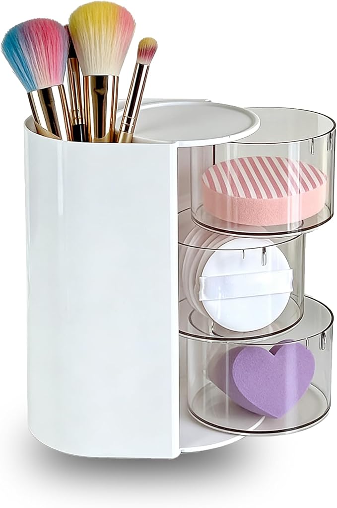 Hair Accessories Organizer for with Hair Brush Holder, Divided Rotatable Makeup Easy Organization of Hair Clips, Rings, Earrings, Makeup Brushes, Hair Clip and Hair Accessories (White, 3-Layer)
