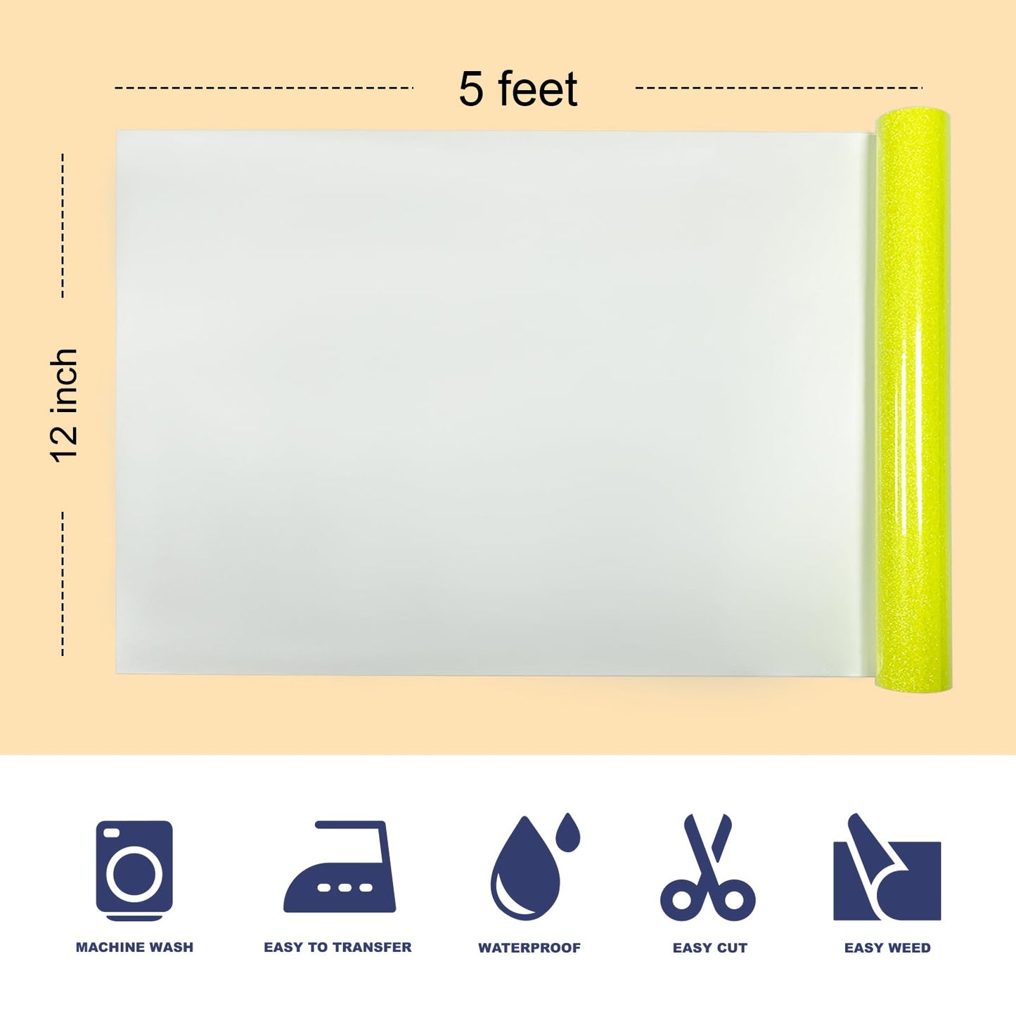 Fluorescent Yellow Glitter Puff Vinyl Heat Transfer 12" x5ft 3D Puff HTV Vinyl, Glitter Puffy Iron-On for Fabrics, Perfect for T-Shirts, Bags, Pillows, Compatible with Cricut