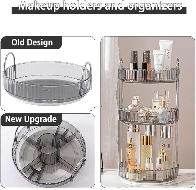 Rotating Makeup Organizer for Vanity, High-Capacity Skincare Clear Make Up Storage Perfume Organizers Cosmetic Dresser Organizer Countertop 360 Spinning (Gray, New-3 Tier)