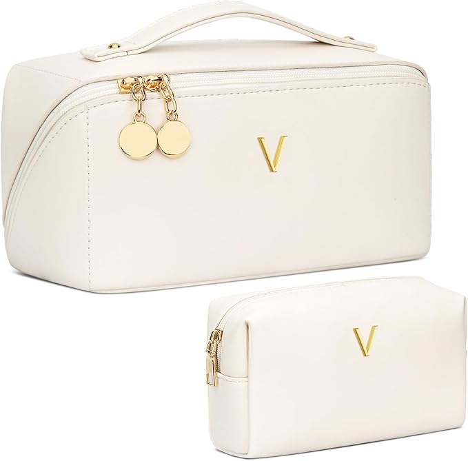Birthday Gifts for Women Teen Girl, Personalized Initial Makeup Organizer Bag Set, Open Flat Travel Cosmetic Bag With Clear Divider and Handle(Beige,V)