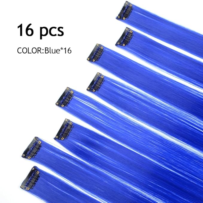 16Pcs Blue Clip in Colored Hair Extensions 22inch Long Straight Party Highlights Colorful Hair Extension One Color Clip on Hairpieces for Women Girls