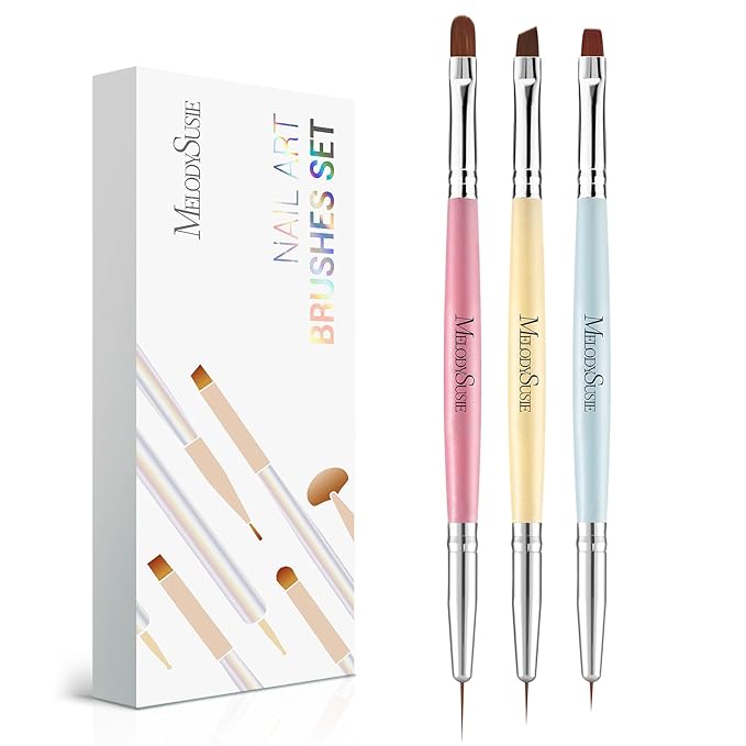 MelodySusie 2-in-1 Nail Art Brushes Set,3pcs Nail Art Design Pen Painting Tools with Flat Brush Oval Brush French Brush Liner Brushes for Home DIY Salon Use