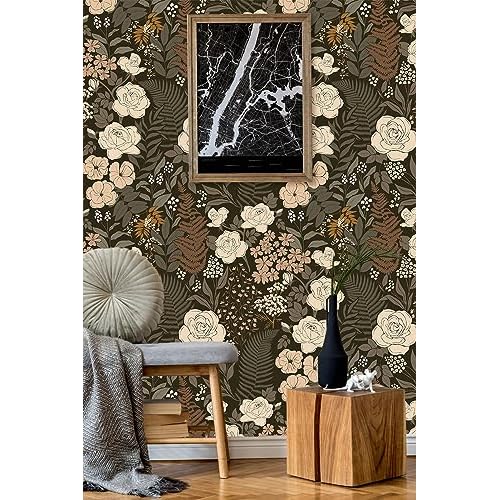 HAOKHOME Peel and Stick Wallpaper Floral Vintage Removable Rose Leaf Black/Brown/Beige Stick on Mural 17.7in x 6.6ft