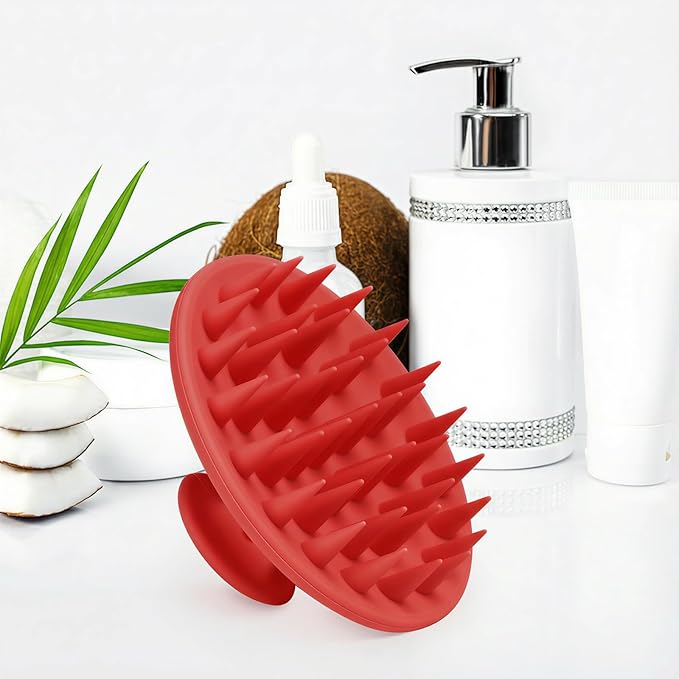 Silicone Scalp Massager Shampoo Brush, Scalp Brush for Hair Growth & Dandruff Removal, Hair Scrubber Scalp Stimulator Exfoliator Brush with Soft Bristles for Wet Dry Scalp Care (Ruby Red)