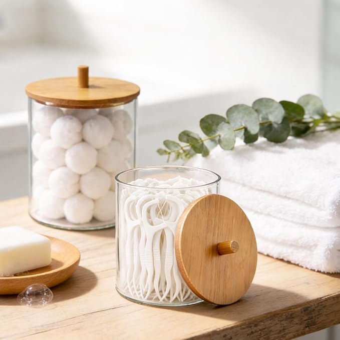 15oz Glass Qtip Holder Dispenser Set - Cotton Swab Holder with Bamboo Lids, Bathroom Canisters Apothecary Jar Vanity Storage Organizer for Cotton Balls Pads, Floss Picks (2 Pack)