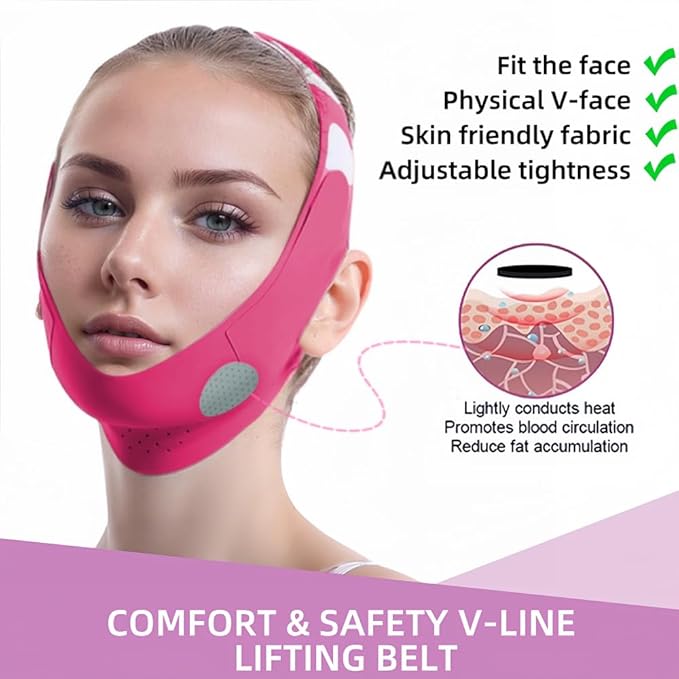 ROWMATE Graphene V-Line Mask Chin Up Mask V Shaped Face Mask Chin Strap for Sleeping,Jawline Shaper,Red,Small