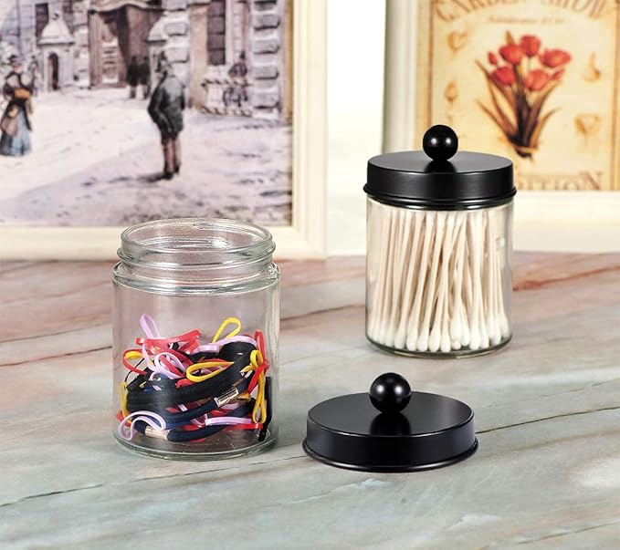 Amolliar 4 Pack Glass Apothecary Jars Bathroom Vanity Storage Organizer Set-Qtip Dispenser Holder with Stainless Steel Lids &Cute Stickers-Countertop Canister for Qtips,Cotton Swabs,Makeup Sponges