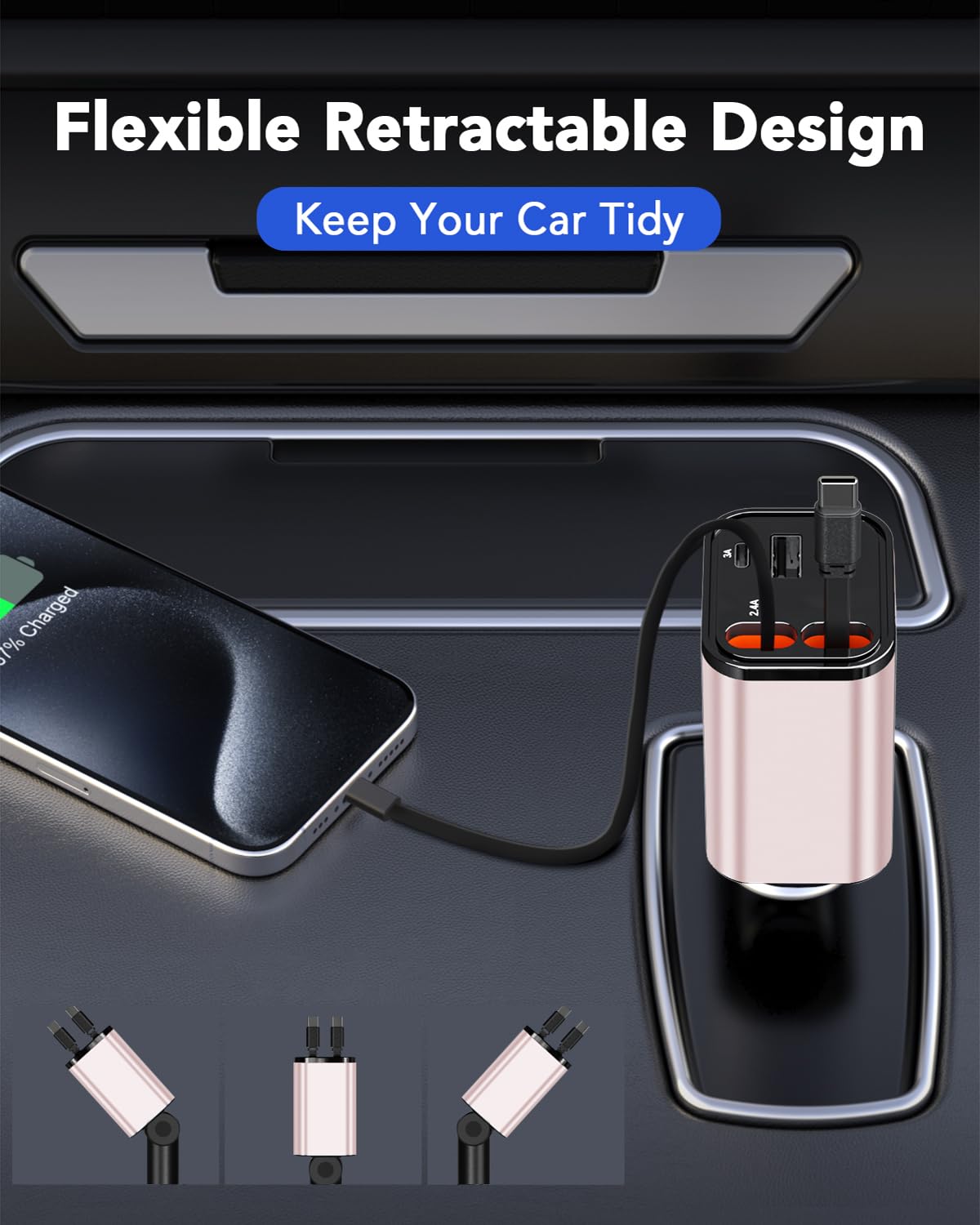 Retractable Car Charger Adapter for iPhone 17,4 in 1 Fast Charging Car Phone Charger,69W USB C Car Truck Accessories,Road Trip Essentials Gift for Men Women for iPhone 17 Pro Max/16/15/14/13/12,Galaxy