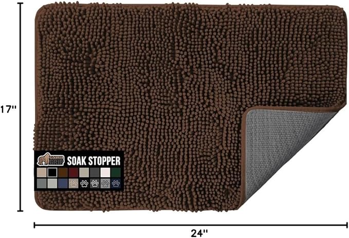 GORILLA GRIP SoakSTOPPER Dog Door Mat, Machine Washable Rug Absorbent Doormat Captures Moisture Mud Dirt, Quick Dry Soft Chenille Entryway Rugs Indoor Entrance Mats for Dog Paws, 24x17 Brown