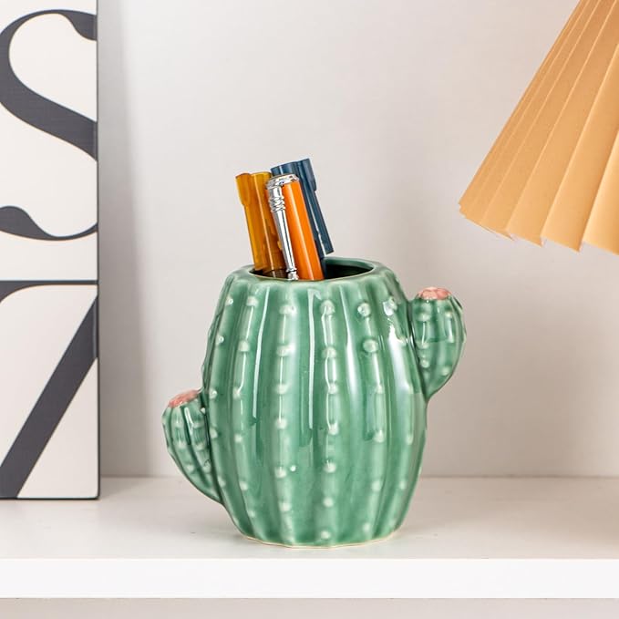 Ceramic Cactus Pen Holder Stand Cup Cactus Pencil Holder Organizer Makeup Brush Holders for Home Office Desk (Green Cactus)