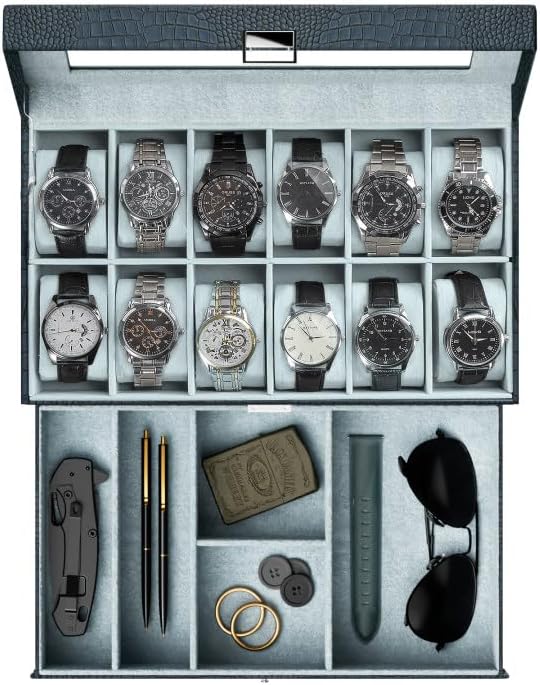 ProCase Watch Box, 12 Slot Mens Watch Case With Drawer, 2-Layer Watch Display Case With Glass Lid, Mens Jewelry Box Storage Holder Organizer, Birthday Valentine Gifts for Men -12Slot, CrocCobaltBlue