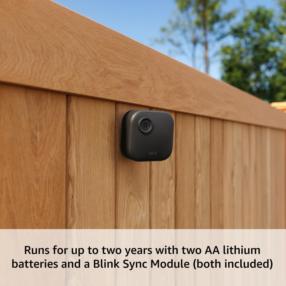 Blink Outdoor 4 + 1-Year Plus plan – Wireless smart security camera, two-year battery life, 1080p HD day and infrared night live view. Sync Module Core included – 2 camera system