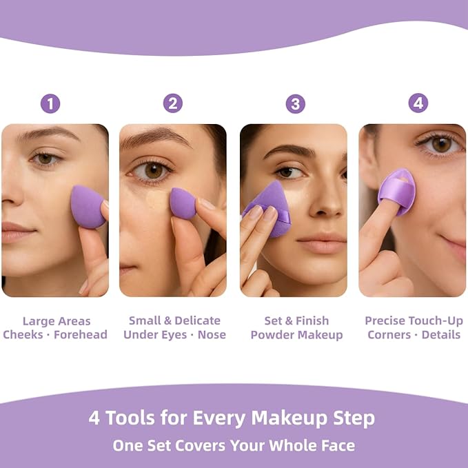 20 Pcs Makeup Sponges Set Beauty Blender Triangle Puffs Mini Sponge Spa Headband & Wristband Remover Pad Cosmetic Applicator for Powder Foundation Liquid Cream Multi - Functions Kit (Purple)