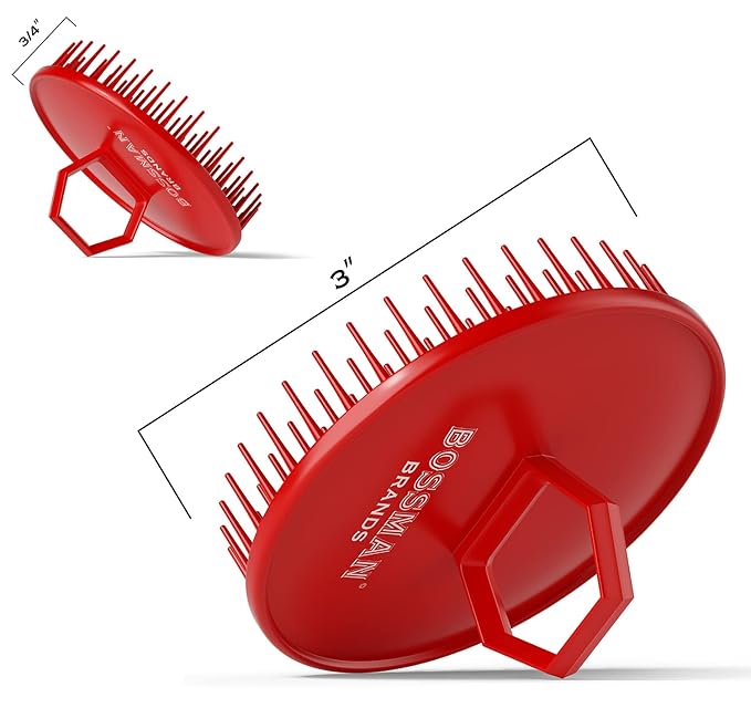 Bossman Scalp Massager & Shampoo Brush (3 inch, Red) – Scalp Exfoliator Brush – Head Scrubber, Beard Exfoliator & Dandruff Control for Hair & Beard with Firm Bristles