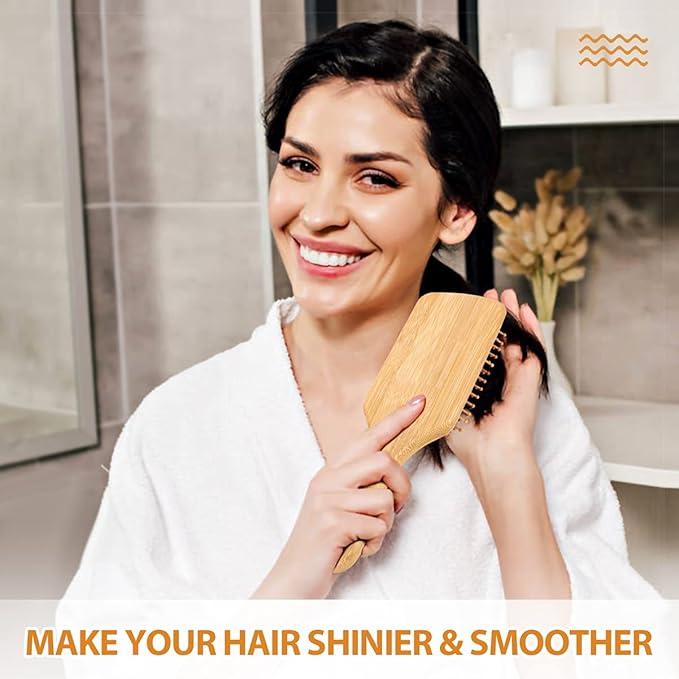 Pack of 2 Hair Brush with Natural Bristles, Massages Scalp Anti-Static Hair Detangle for All Types, Lightweight (Paddle)