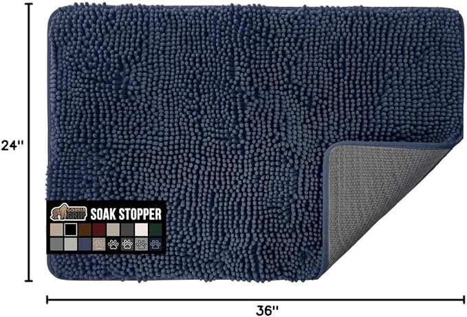 GORILLA GRIP SoakSTOPPER Dog Door Mat, 36x24 Machine Washable Rug Absorbent Doormat Captures Moisture Mud Dirt, Quick Dry Soft Chenille Entryway Rugs Indoor Entrance Mats for Dog Paws, Navy Blue